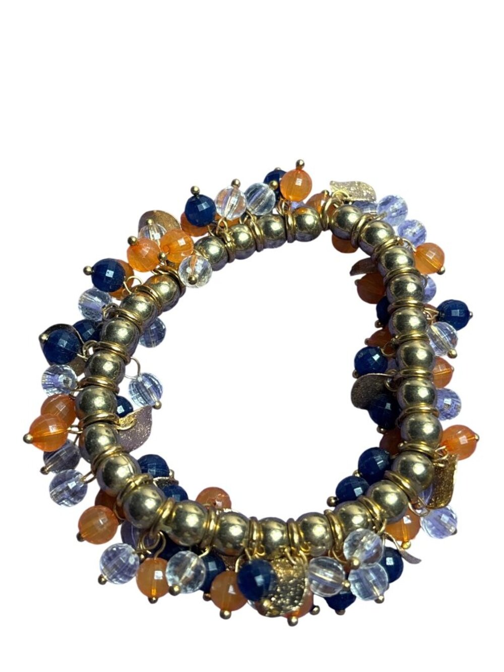 Slightly Stretchy Beaded Fringe Bracelet Goldtone Blue Orange 6.75 in